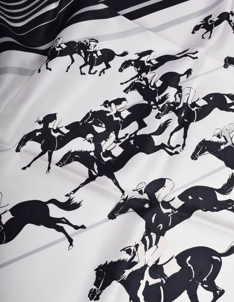 Hermes Vintage Les Courses Black and White Equestrian Horse Racing Silk Scarf