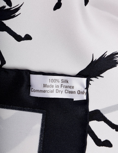 Hermes Vintage Les Courses Black and White Equestrian Horse Racing Silk Scarf