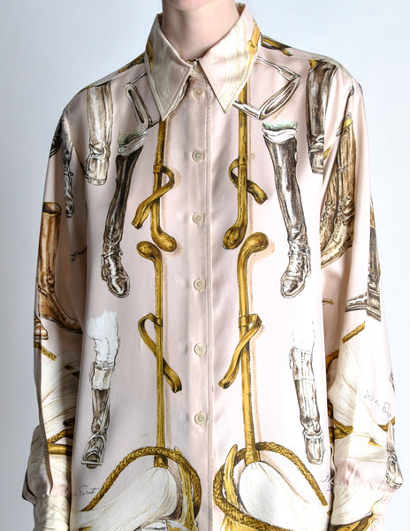 Hermès Vintage 'A Propos de Bottes' by Xavier de Poret Silk Button Down Shirt