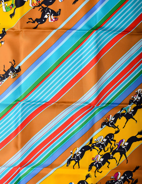 Hermes Vintage Les Courses Colorful Equestrian Horse Racing Silk Scarf