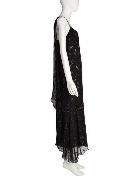 Holly's Harp Vintage 1980s Black Silk Chiffon Metallic Leaf Jacquard Beaded Fringe Gown Dress