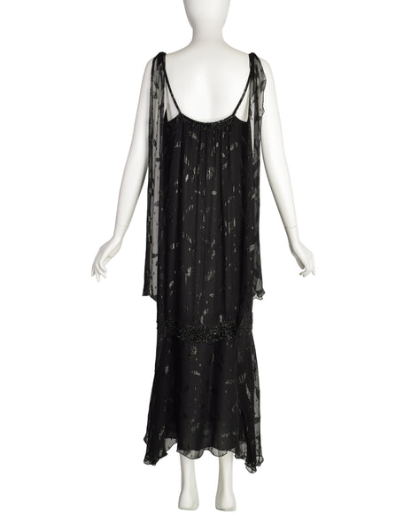 Holly's Harp Vintage 1980s Black Silk Chiffon Metallic Leaf Jacquard Beaded Fringe Gown Dress