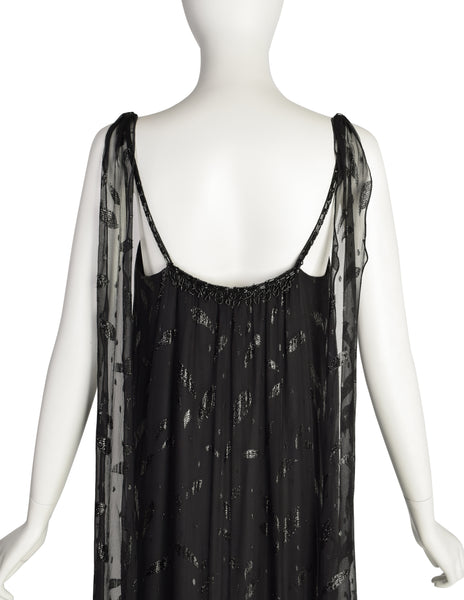 Holly's Harp Vintage 1980s Black Silk Chiffon Metallic Leaf Jacquard Beaded Fringe Gown Dress