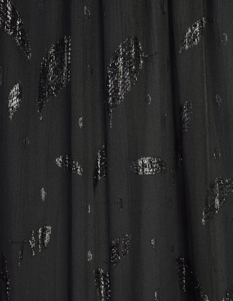 Holly's Harp Vintage 1980s Black Silk Chiffon Metallic Leaf Jacquard Beaded Fringe Gown Dress