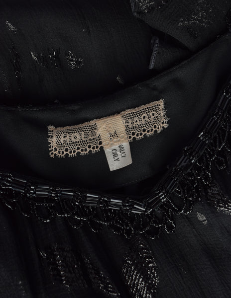 Holly's Harp Vintage 1980s Black Silk Chiffon Metallic Leaf Jacquard Beaded Fringe Gown Dress