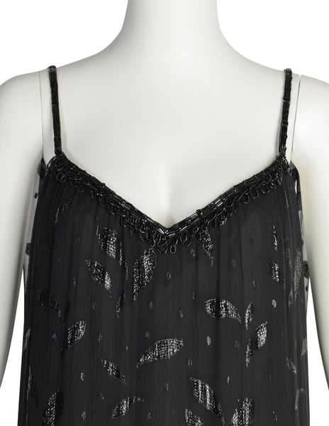 Holly's Harp Vintage 1980s Black Silk Chiffon Metallic Leaf Jacquard Beaded Fringe Gown Dress