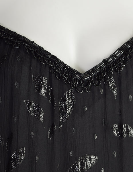 Holly's Harp Vintage 1980s Black Silk Chiffon Metallic Leaf Jacquard Beaded Fringe Gown Dress