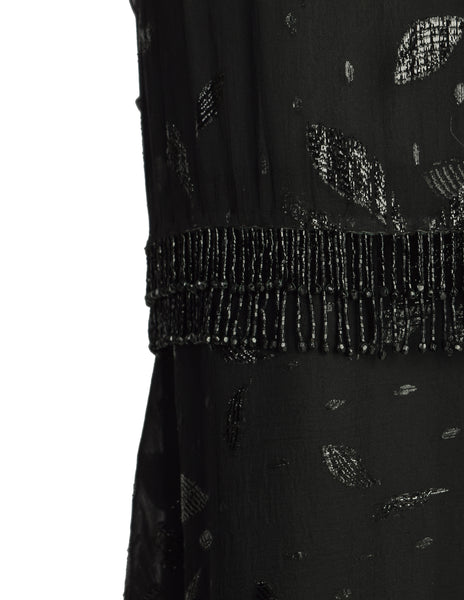 Holly's Harp Vintage 1980s Black Silk Chiffon Metallic Leaf Jacquard Beaded Fringe Gown Dress