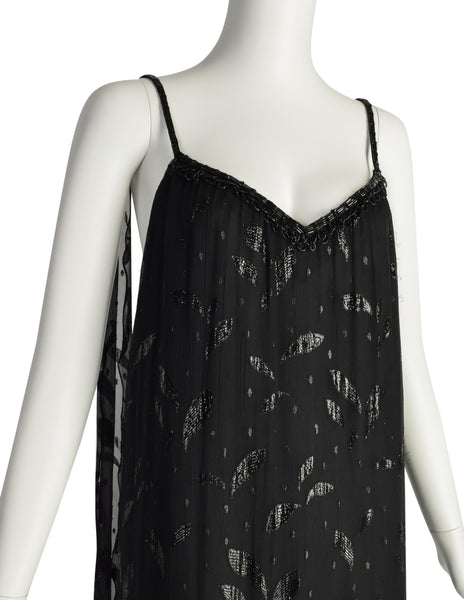 Holly's Harp Vintage 1980s Black Silk Chiffon Metallic Leaf Jacquard Beaded Fringe Gown Dress