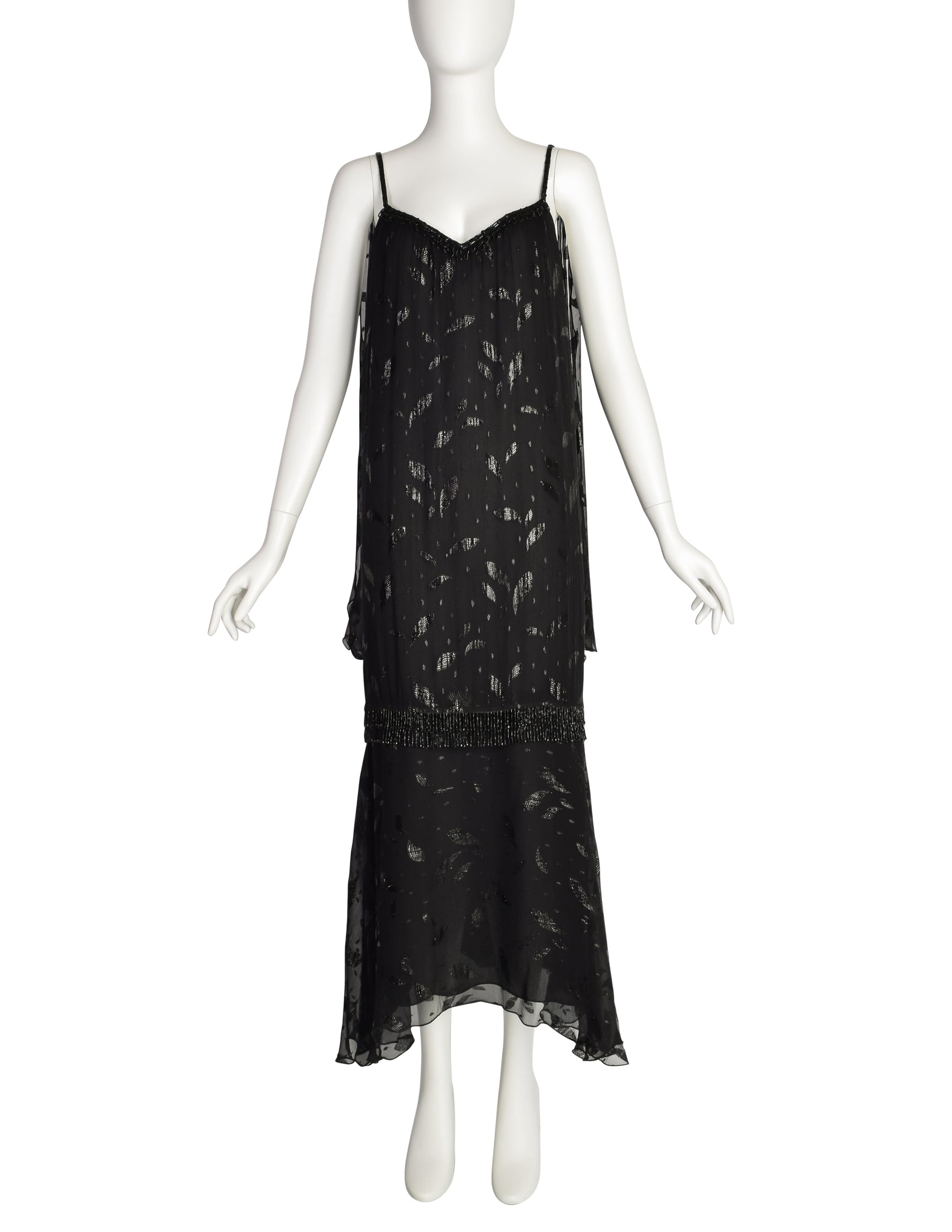 Holly's Harp Vintage 1980s Black Silk Chiffon Metallic Leaf Jacquard Beaded Fringe Gown Dress