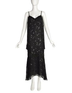 Holly's Harp Vintage 1980s Black Silk Chiffon Metallic Leaf Jacquard Beaded Fringe Gown Dress
