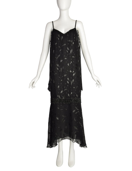 Holly's Harp Vintage 1980s Black Silk Chiffon Metallic Leaf Jacquard Beaded Fringe Gown Dress