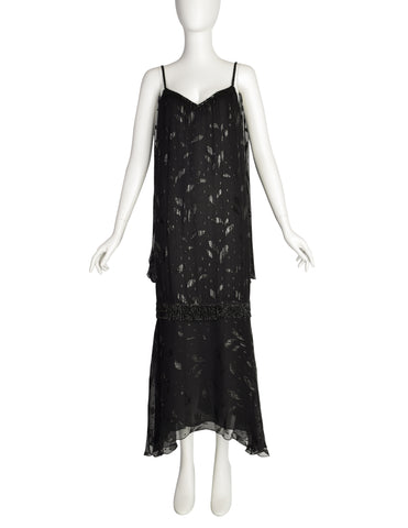 Holly's Harp Vintage 1980s Black Silk Chiffon Metallic Leaf Jacquard Beaded Fringe Gown Dress