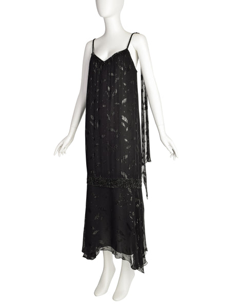 Holly's Harp Vintage 1980s Black Silk Chiffon Metallic Leaf Jacquard Beaded Fringe Gown Dress