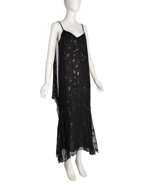 Holly's Harp Vintage 1980s Black Silk Chiffon Metallic Leaf Jacquard Beaded Fringe Gown Dress