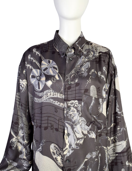 Iceberg Vintage 1992-1993 Jazz Musician Print Grey Button Up Shirt