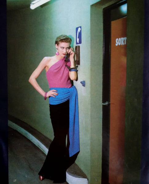 Yves Saint Laurent Vintage SS 1985 Pink Black Blue Colorblock One Shoulder Gown Dress