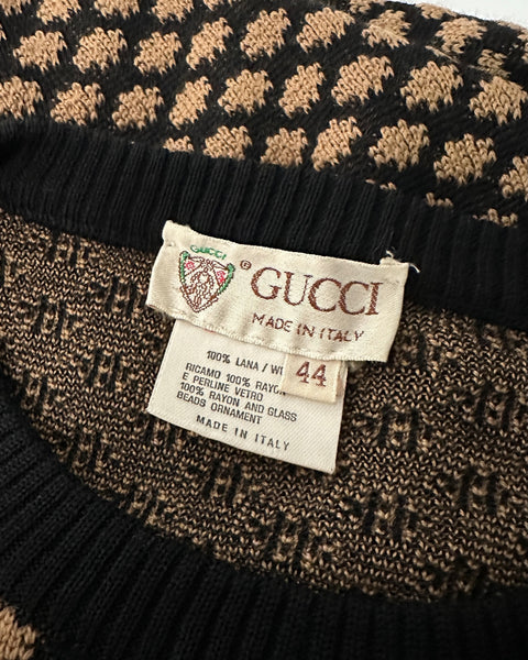 Gucci Vintage 1980s Black Brown Spotted Intarsia Beaded Embellished Sweater