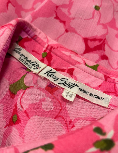 Ken Scott Vintage Vivid Hot Pink Hydrangea Floral Print Cotton Shift Dress