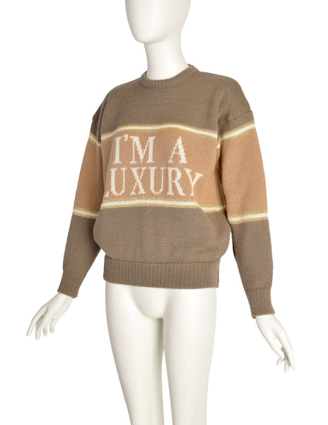 1980s Vintage I'm A Luxury Few Can Afford Beige Statement Novelty Knit Wool Sweater