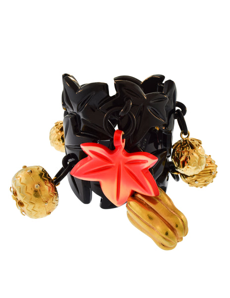 Isabel Canovas Vintage Black Red Gold Dangling Vegetable Harvest Leaf Charm Bracelet