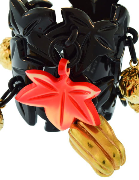 Isabel Canovas Vintage Black Red Gold Dangling Vegetable Harvest Leaf Charm Bracelet