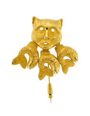 Isabel Canovas Vintage 'Catfish' Gold Cat and Dangling Fish Stickpin Brooch