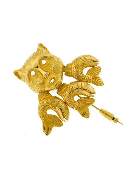 Isabel Canovas Vintage 'Catfish' Gold Cat and Dangling Fish Stickpin Brooch