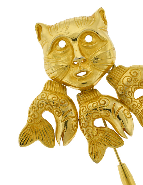 Isabel Canovas Vintage 'Catfish' Gold Cat and Dangling Fish Stickpin Brooch