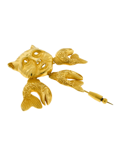 Isabel Canovas Vintage 'Catfish' Gold Cat and Dangling Fish Stickpin Brooch