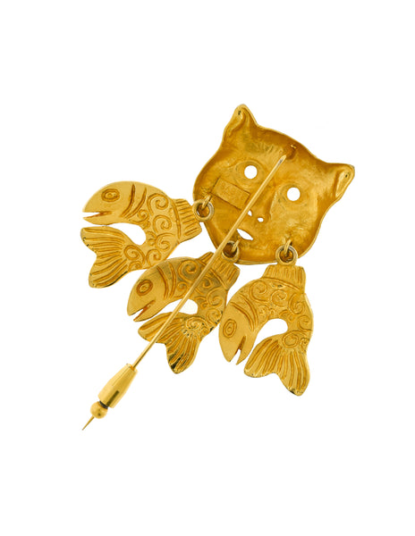 Isabel Canovas Vintage 'Catfish' Gold Cat and Dangling Fish Stickpin Brooch
