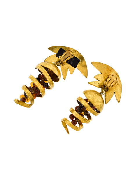 Isabel Canovas Vintage Oversized Gold Leaf Wind Swirl Amber Gripoix Glass Bead Earrings