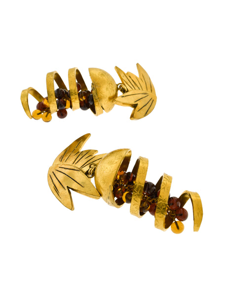 Isabel Canovas Vintage Oversized Gold Leaf Wind Swirl Amber Gripoix Glass Bead Earrings