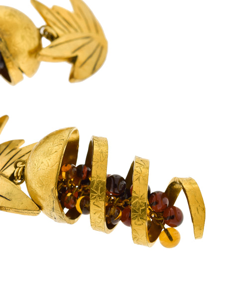 Isabel Canovas Vintage Oversized Gold Leaf Wind Swirl Amber Gripoix Glass Bead Earrings