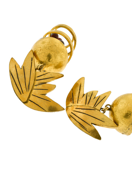 Isabel Canovas Vintage Oversized Gold Leaf Wind Swirl Amber Gripoix Glass Bead Earrings