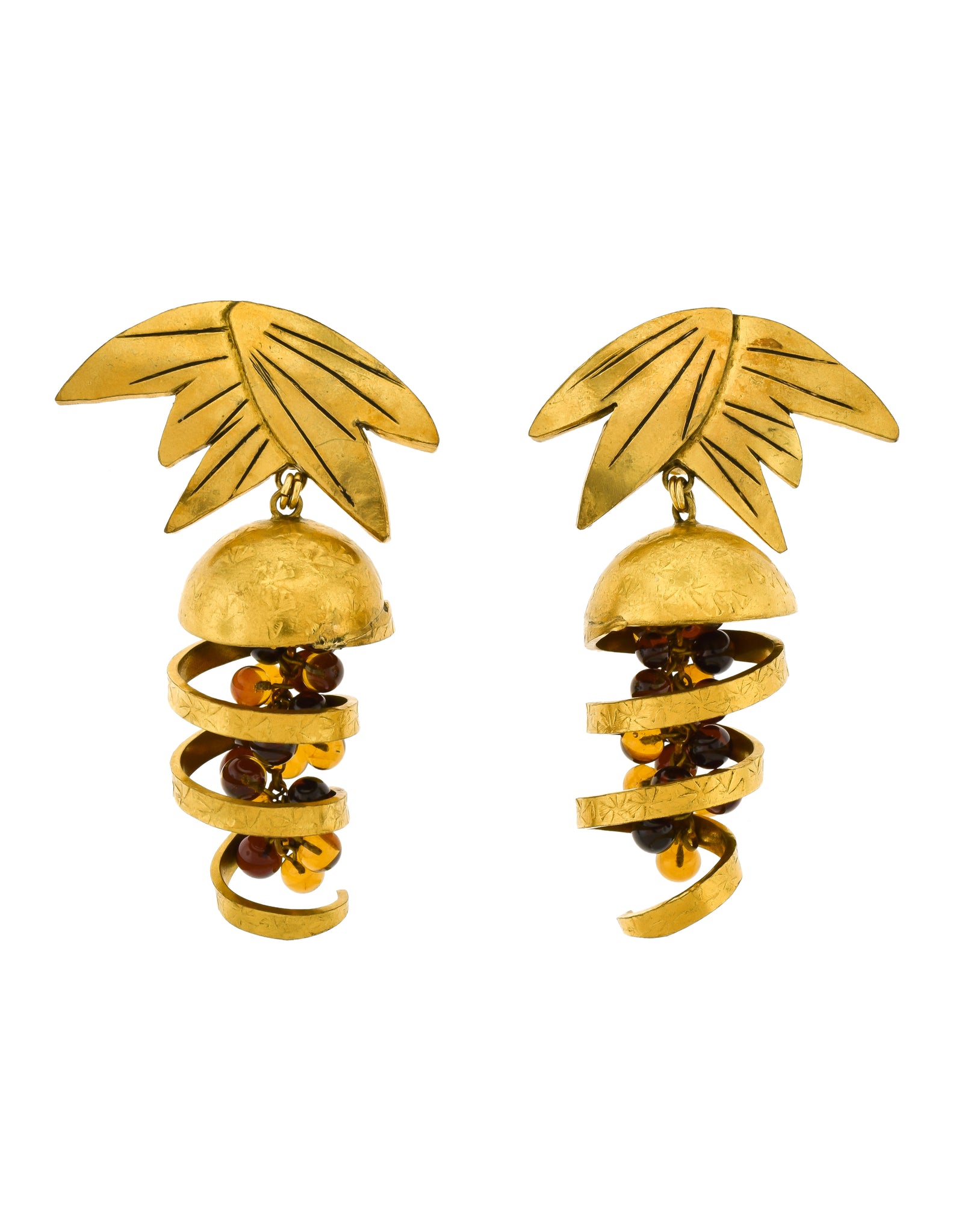 Isabel Canovas Vintage Oversized Gold Leaf Wind Swirl Amber Gripoix Glass Bead Earrings
