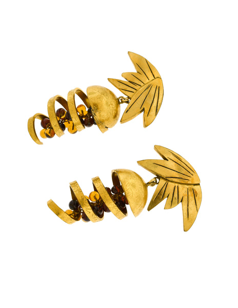 Isabel Canovas Vintage Oversized Gold Leaf Wind Swirl Amber Gripoix Glass Bead Earrings