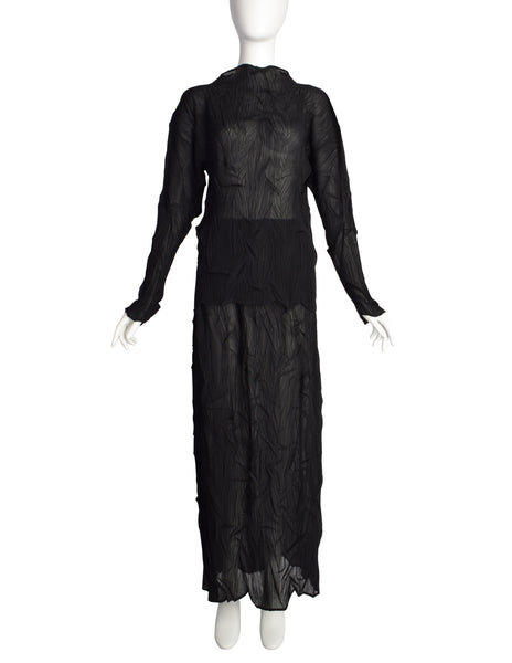 Issey Miyake Vintage Black Twisted Pleated Long Sleeve Top and Skirt Ensemble Set