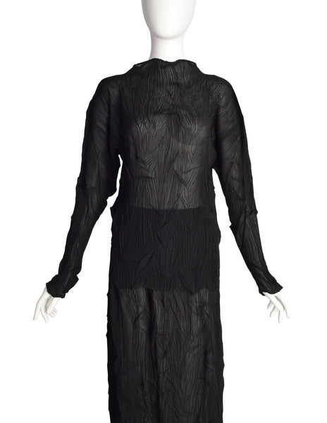Issey Miyake Vintage Black Twisted Pleated Long Sleeve Top and Skirt Ensemble Set