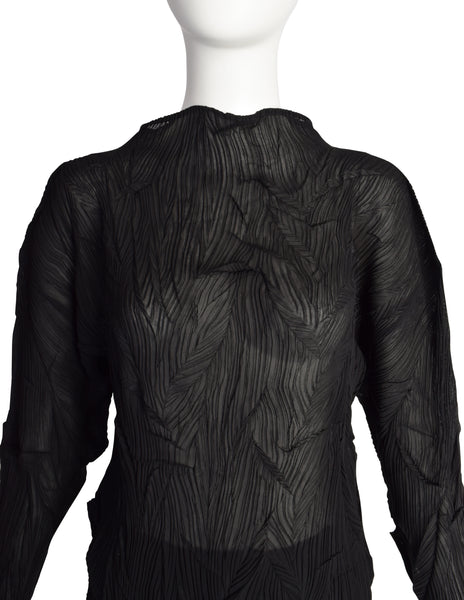 Issey Miyake Vintage Black Twisted Pleated Long Sleeve Top and Skirt Ensemble Set