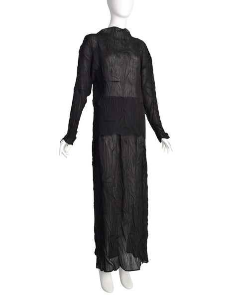 Issey Miyake Vintage Black Twisted Pleated Long Sleeve Top and Skirt Ensemble Set