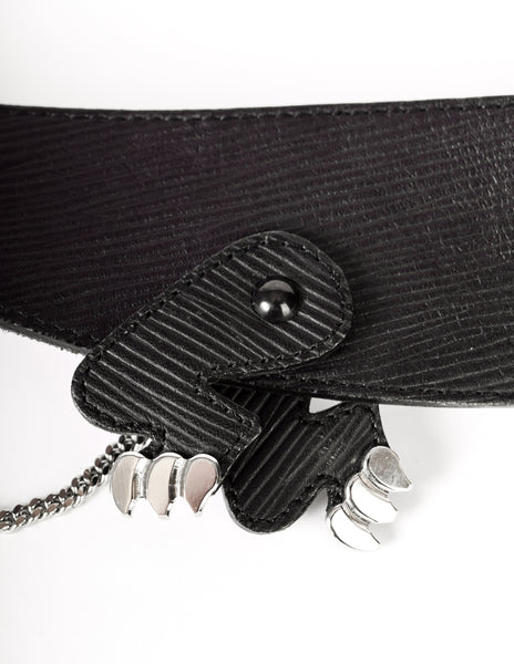 Issey Miyake Vintage Black Leather Silver Chain Dragon Belt