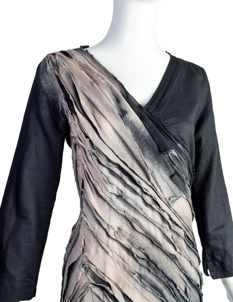 Issey Miyake Vintage SS 2006 Black Sand Distressed Overdyed Gathered Pleated Dress