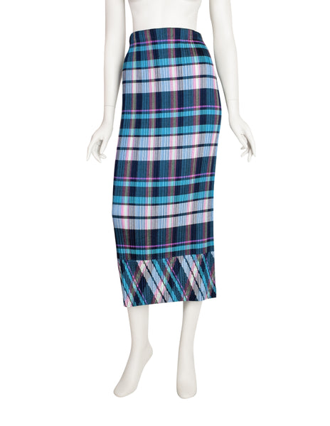 Issey Miyake Vintage Multicolor Plaid Print Pleated Skirt