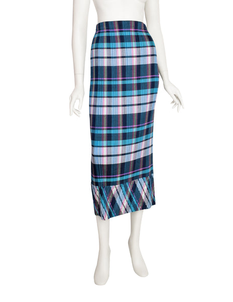 Issey Miyake Vintage Multicolor Plaid Print Pleated Skirt