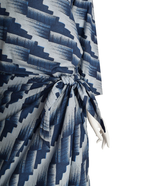 Issey Miyake Plantation Vintage Blue Geometric Print Sarong Style Wrap Dress