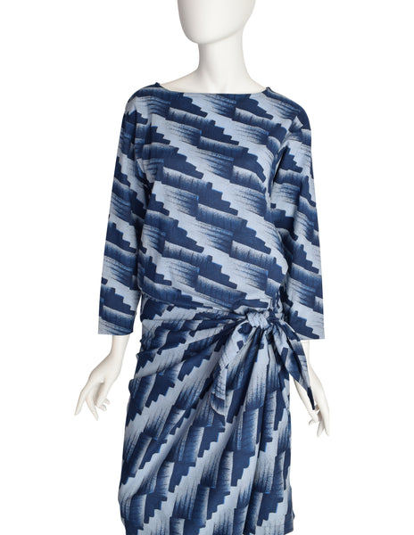 Issey Miyake Plantation Vintage Blue Geometric Print Sarong Style Wrap Dress