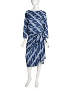 Issey Miyake Plantation Vintage Blue Geometric Print Sarong Style Wrap Dress