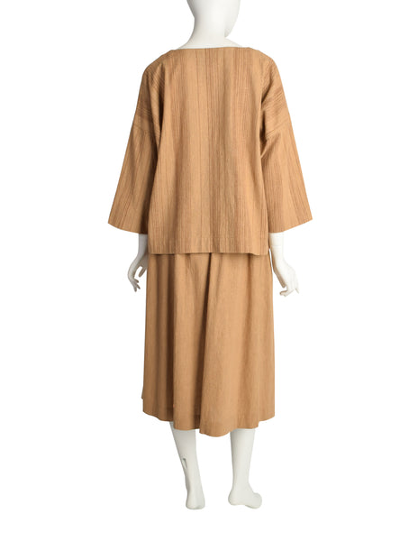 Issey Miyake Plantation Vintage Brown Striped Oversized Jacket Top and Skirt 3 Piece Ensemble Set