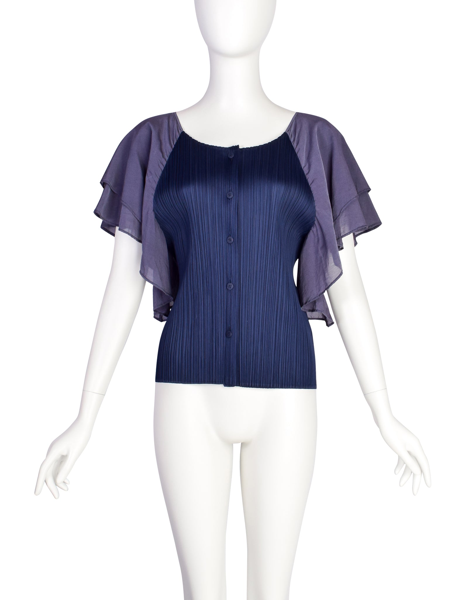 Pleats Please by Issey Miyake Vintage Navy Slate Blue Pleated Flutter Sleeve Top